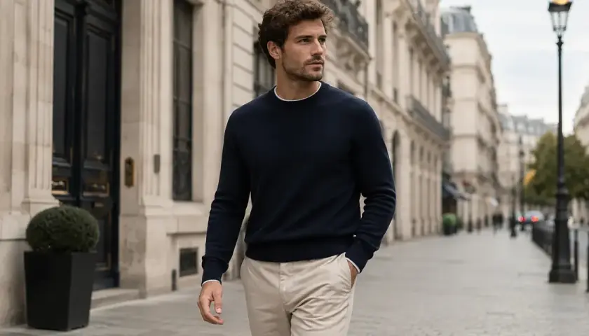 Hombre con jersey azul marino y pantalones beige camina por una calle parisina.