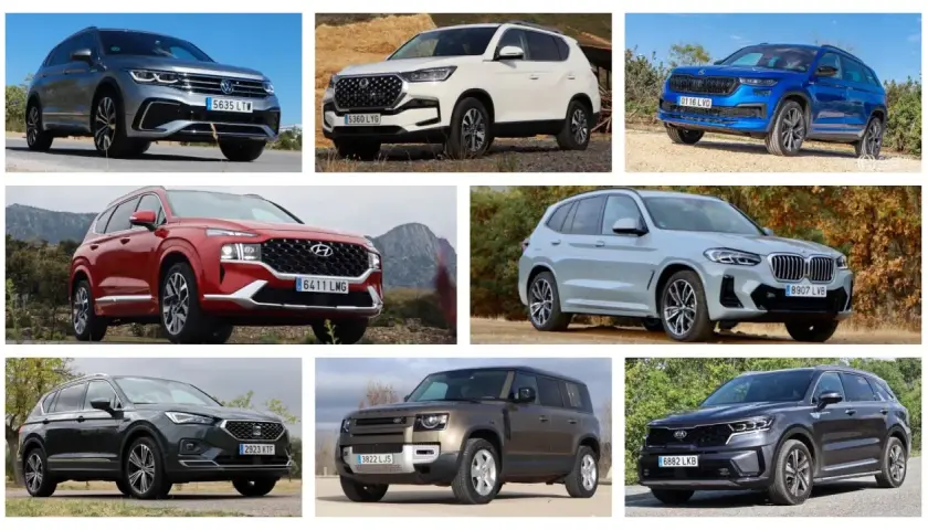 Varios SUVs modernos, incluyendo un VW Tiguan, Hyundai Santa Fe y BMW X3, ideales para quienes buscan los suv mas fiables.