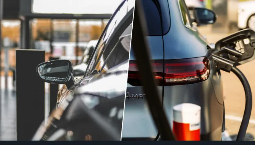 Coches eléctricos en concesionario y cargando. Plan moves 2026 para un futuro sostenible.