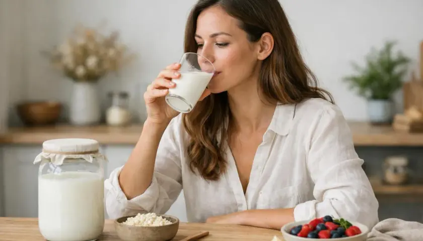 Mujer bebe kéfir, un probiótico saludable. En la mesa, un frasco de kéfir, granos y un tazón de bayas.