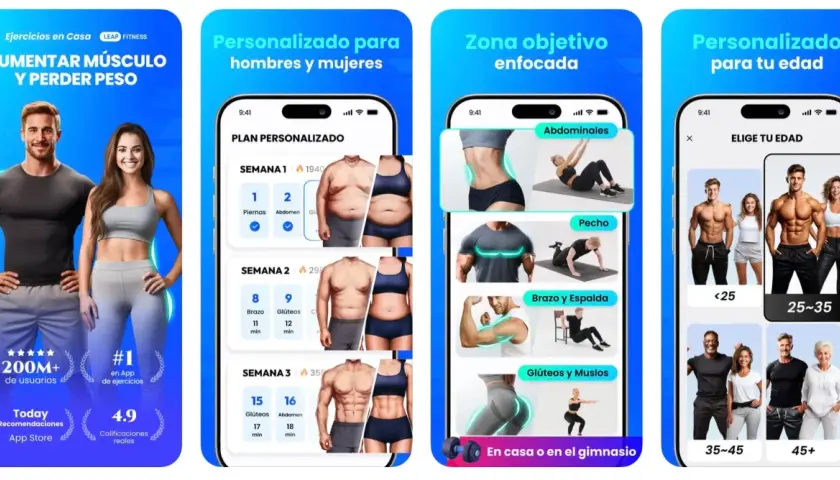 Las mejores app ejercicio en casa gratis: plan personalizado para aumentar músculo y perder peso, enfocado en zonas y edad.