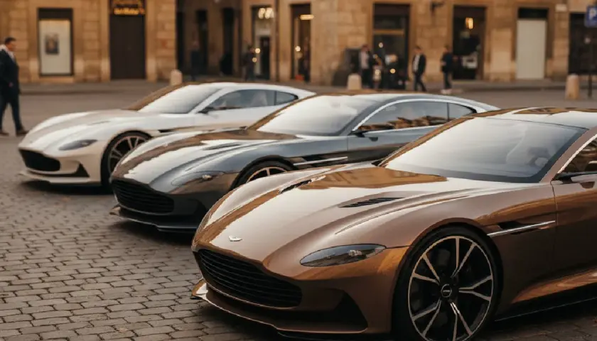 Tres Aston Martin modelos, uno marrón, uno gris y uno blanco, alineados en una calle adoquinada.