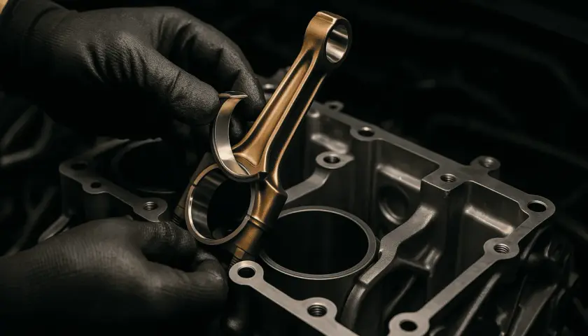 Manos enguantadas ensamblan la biela de un motor K9K 1.5 dCi dentro del bloque de cilindros.