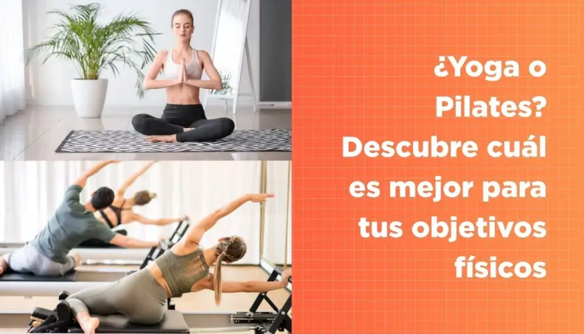 Mujer meditando en postura de loto y personas haciendo Pilates en máquinas. Descubre la diferencia entre yoga y Pilates para tus objetivos.