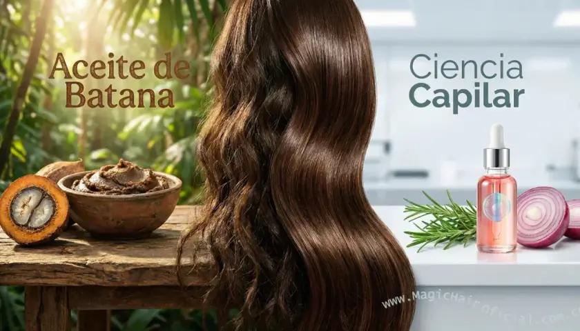 Aceite de Batana: un tesoro natural para un cabello radiante. Muestra un antes y después de cabello, con ingredientes como la batana y cebolla.