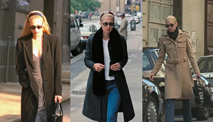 Tres looks urbanos con abrigos largos y gafas de sol, capturando el estilo Carolyn Bessette.