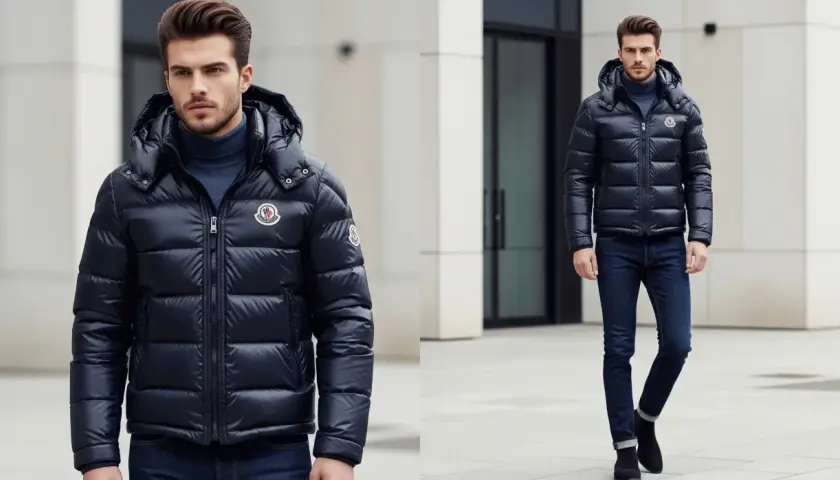 Hombre con chaqueta Moncler, marca de origen francés, con su logo distintivo.