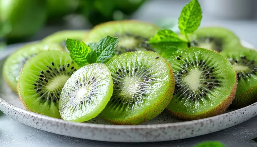 Rodajas de kiwi fresco y menta en un plato, como un postre perfecto para el kiwi por la noche.