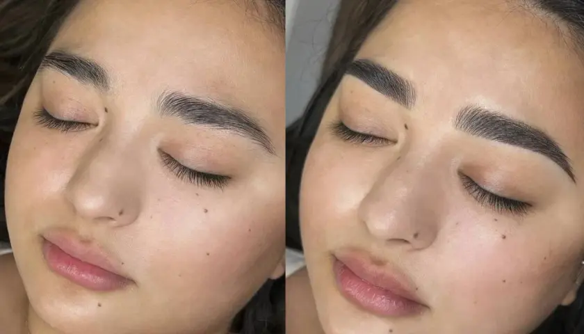 Comparativa antes y después de micropigmentación cejas. Cejas más definidas y oscuras tras el tratamiento.