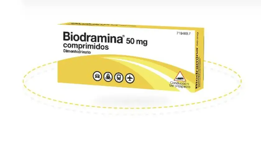 Caja de Biodramina 50 mg comprimidos. Averigua cuanto dura el efecto de la biodramina para tus viajes.