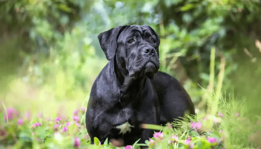 Majestuoso cane corso negro descansa entre flores silvestres y vegetación verde, con una mirada serena y atenta.