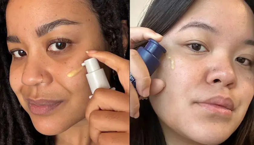 Dos mujeres aplican suero en el rostro. Una usa un envase blanco, la otra uno azul. ¿Cuál tendrá el mejor retinol cerave porcentaje?