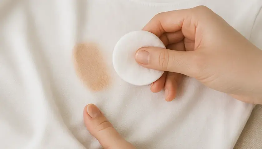 Mano quitando una mancha de maquillaje de una camiseta blanca con un disco de algodón.