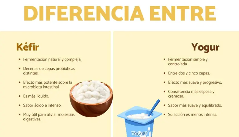 Infografía que detalla la diferencia entre kéfir y yogur, mostrando sus características y beneficios.