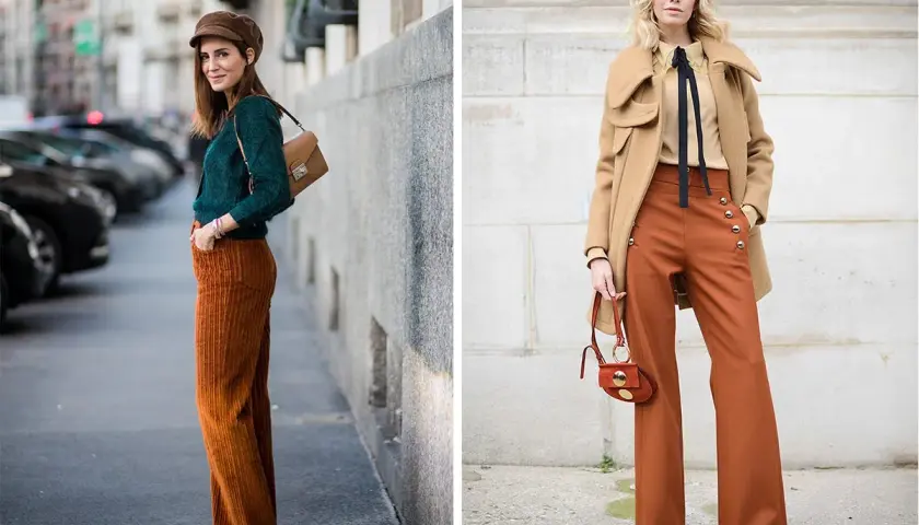Dos mujeres lucen pantalones acampanados color terracota, un estilo clave de moda primavera verano.