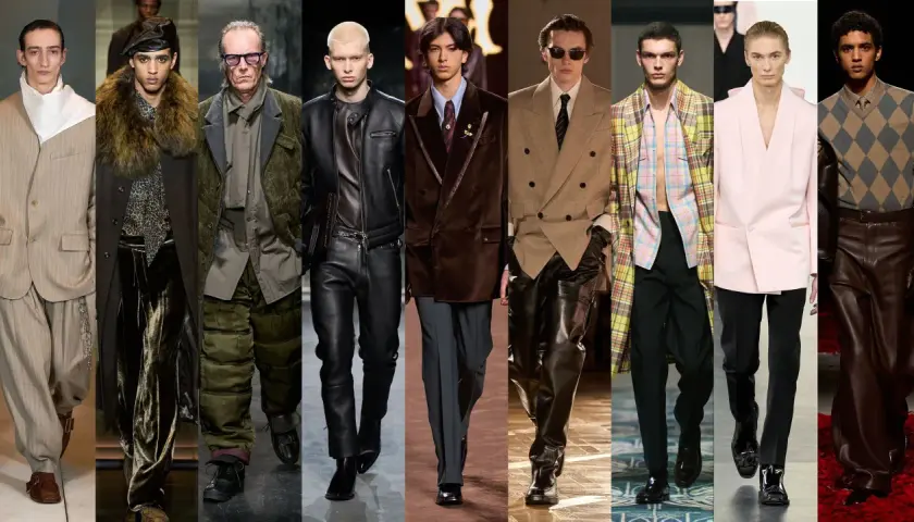 Desfiles de moda otoño invierno 2025: trajes de lino, cuero, terciopelo y estampados audaces.