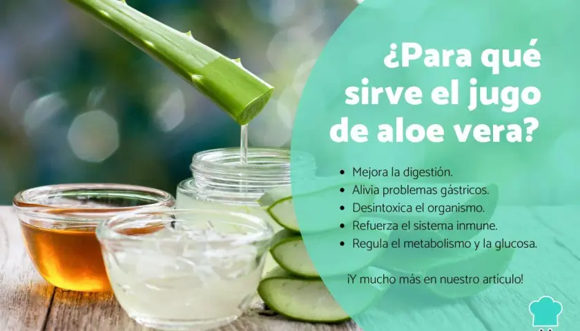 Jugo de aloe vera goteando en un frasco, junto a miel y rodajas de aloe. El texto pregunta "¿Para qué sirve el jugo de aloe vera?".