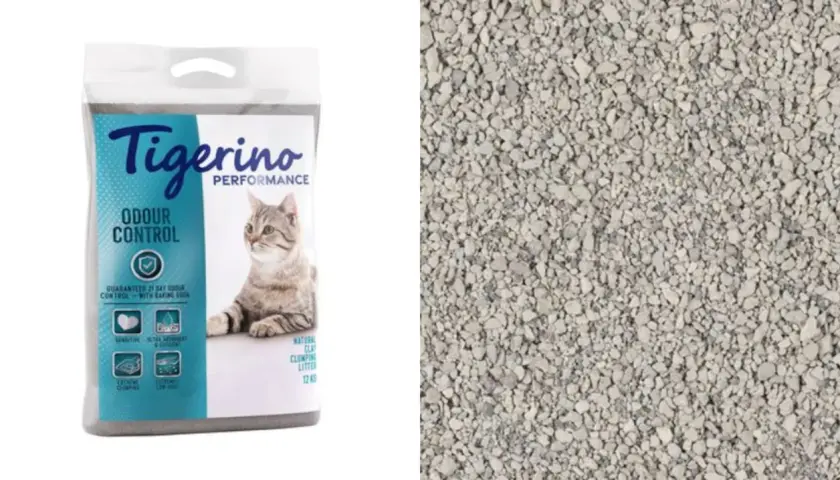 Bolsa de arena aglomerante Tigerino Odour Control, un ejemplo de tipos de arena para gatos, con su textura granular.