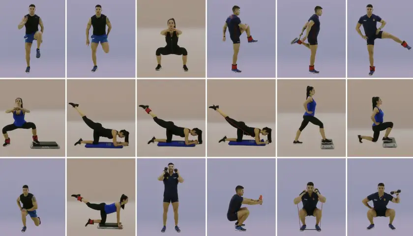 Tabla de ejercicios glúteos y piernas: hombres y mujeres realizan sentadillas, zancadas, elevaciones de pierna y más, con pesas y bandas.