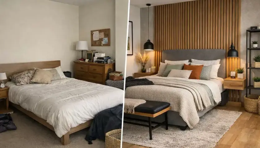 Un dormitorio antes y después de un cambio de look. La cama se ha transformado con un cabecero de madera y textiles acogedores.