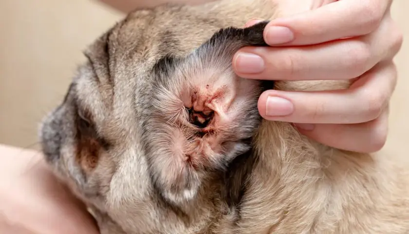 Mano revisa la oreja de un perro pug con signos de sarna, enrojecimiento e irritación.