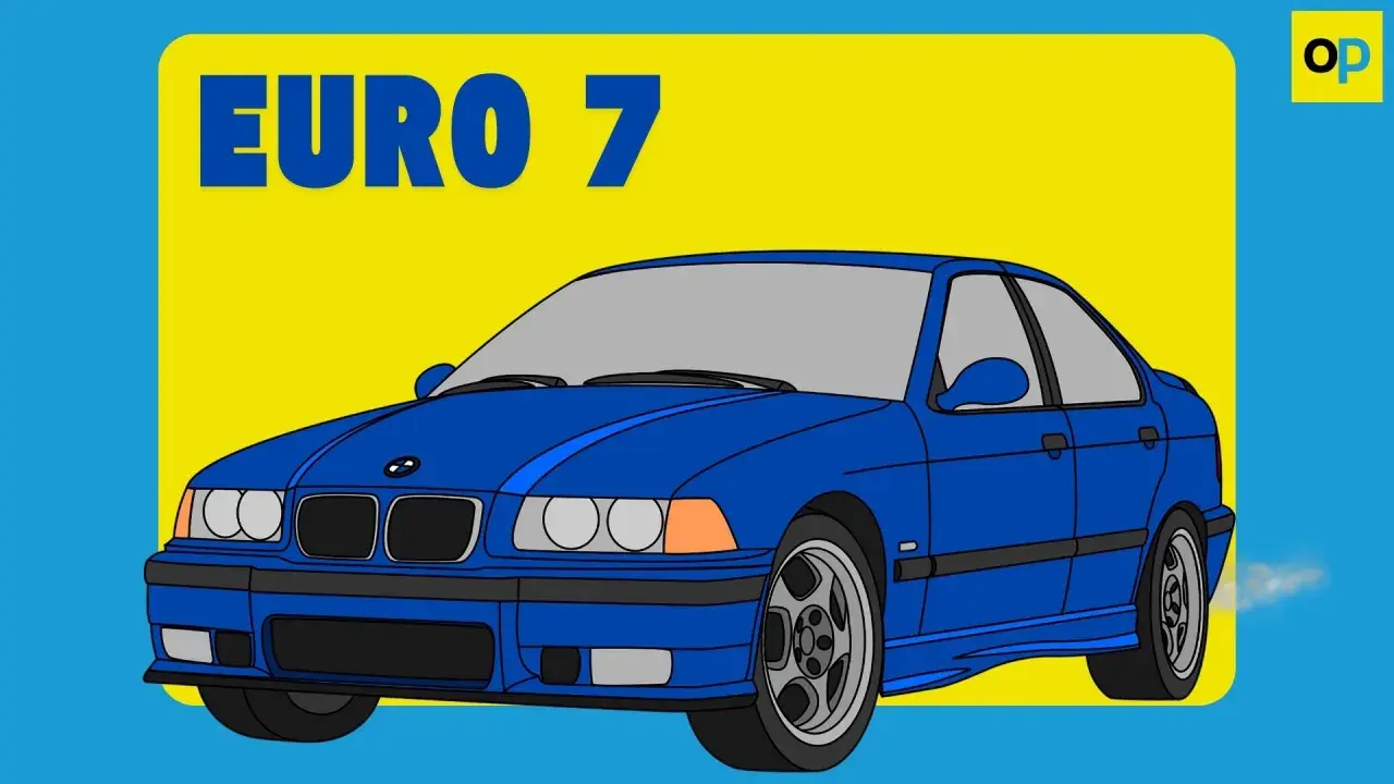 Un coche azul estilo retro con el texto "EURO 7" sobre un fondo amarillo y azul.