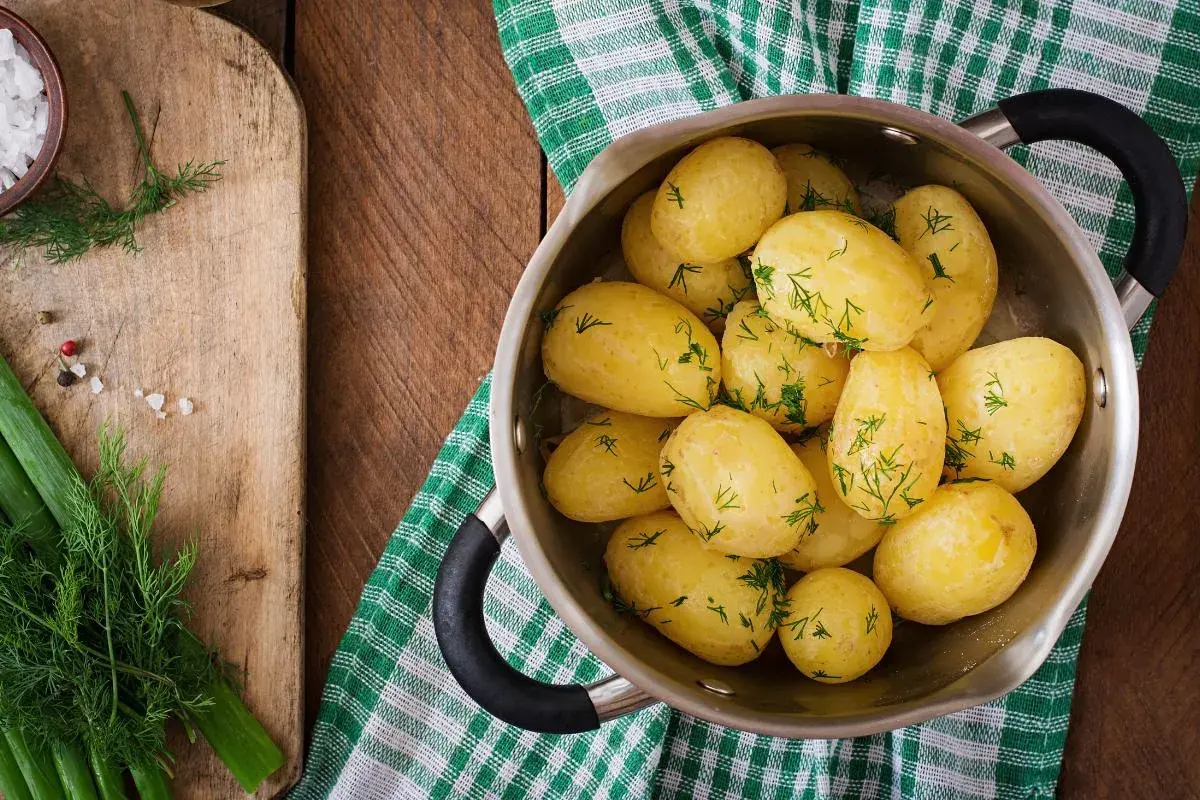 Patatas hervidas con eneldo, listas para la cena. Dicen que la patata hervida engorda por la noche, pero ¡qué ricas están!