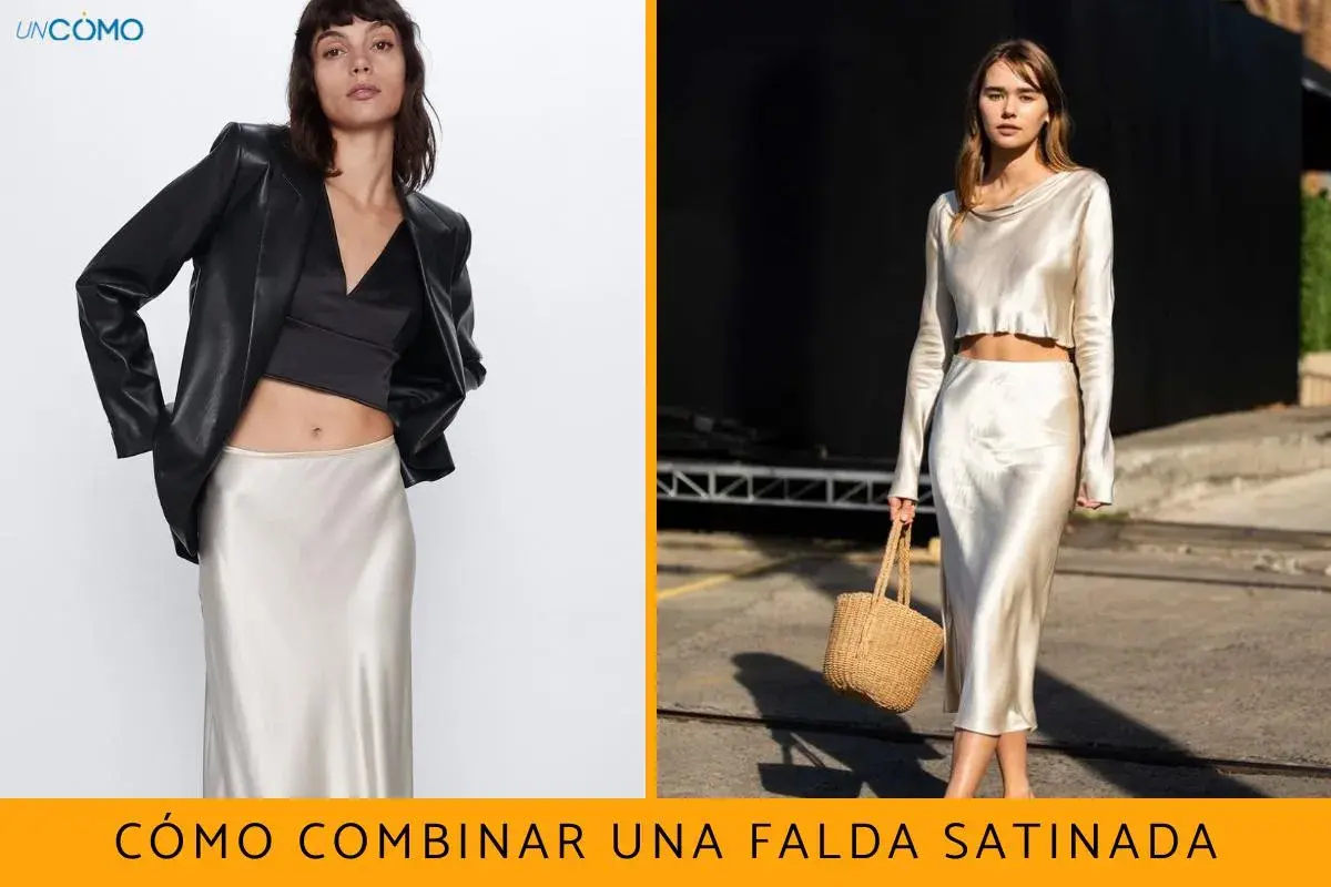 Dos looks para combinar falda satinada: uno con blazer negro y top, otro con top lencero y bolso de mimbre.