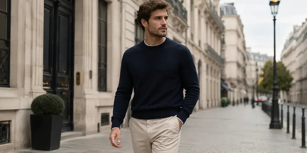 Hombre con jersey azul marino y pantalones beige camina por una calle parisina.