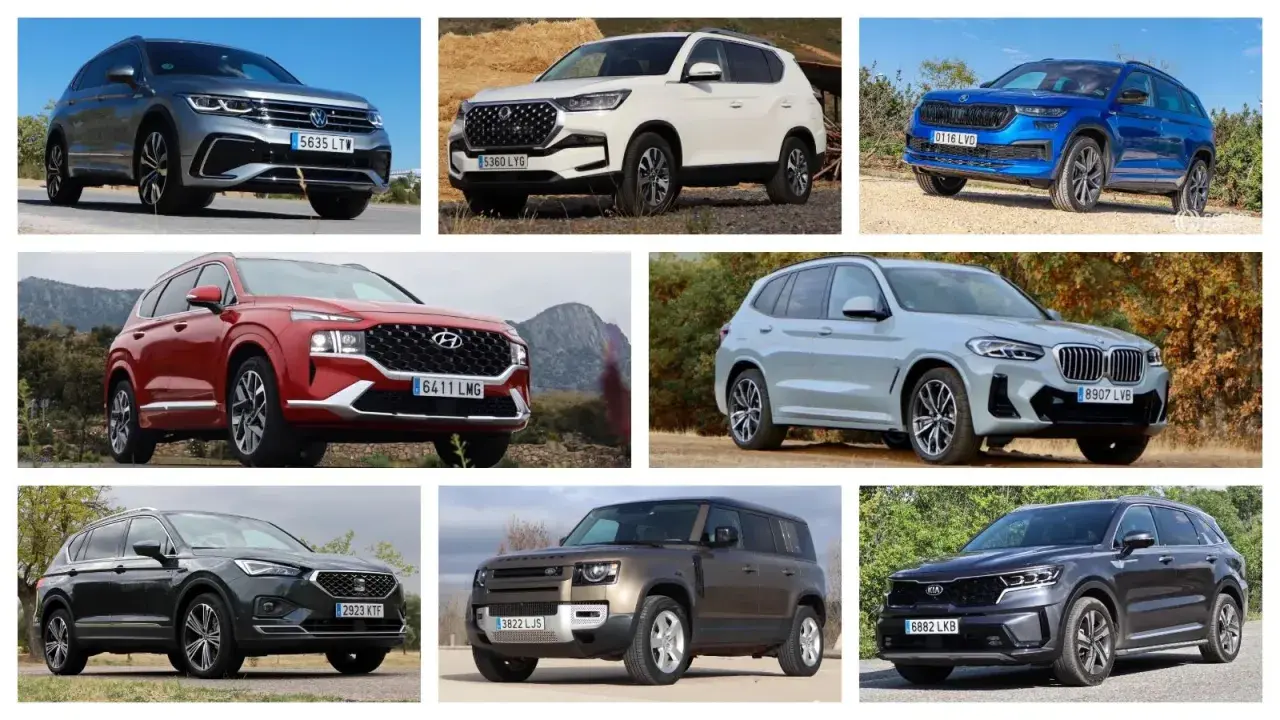 Varios SUVs modernos, incluyendo un VW Tiguan, Hyundai Santa Fe y BMW X3, ideales para quienes buscan los suv mas fiables.