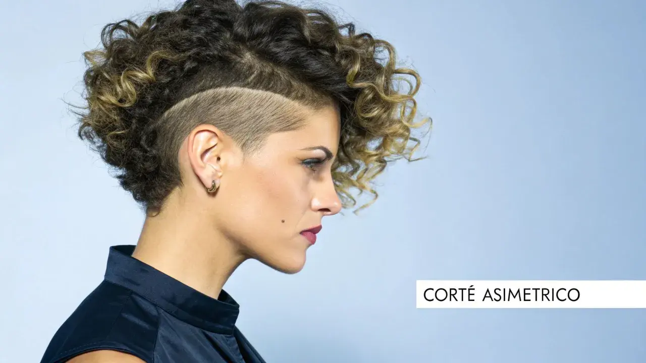 Mujer con pelo corto rizado y rapado asimétrico. Un estilo audaz que resalta su personalidad.