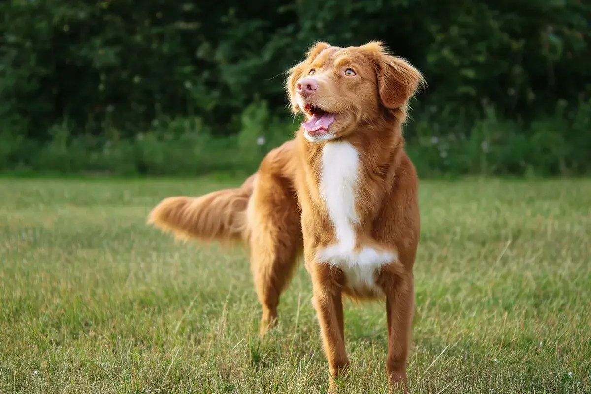 Un perro Nova Scotia Duck Tolling Retriever, con pelaje rojizo y blanco, mira hacia la derecha con la boca abierta en un campo verde.