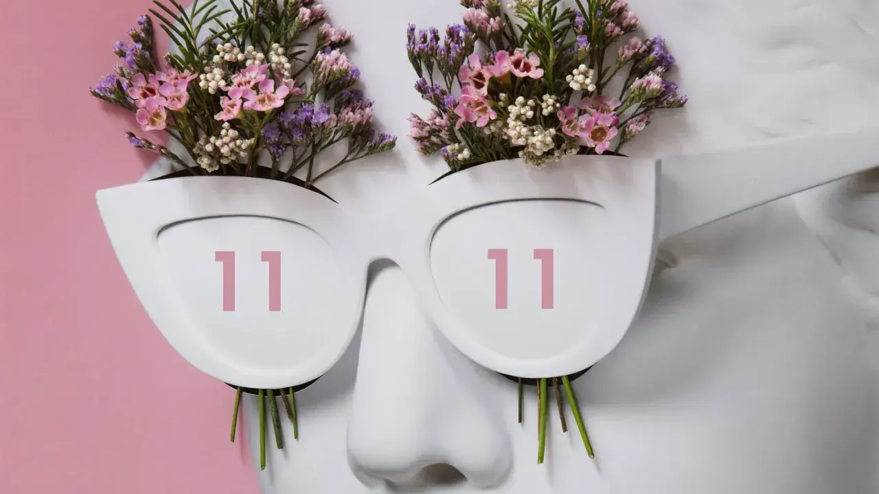 Busto blanco con flores rosas y moradas brotando de unas gafas que muestran **11:11 hora espejo**.