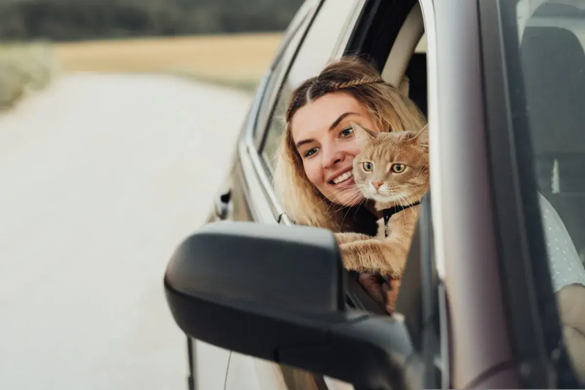 Mujer sonriente con un gato naranja en el coche. Consejos para saber como tranquilizar a un gato en el coche y que disfrute del viaje.
