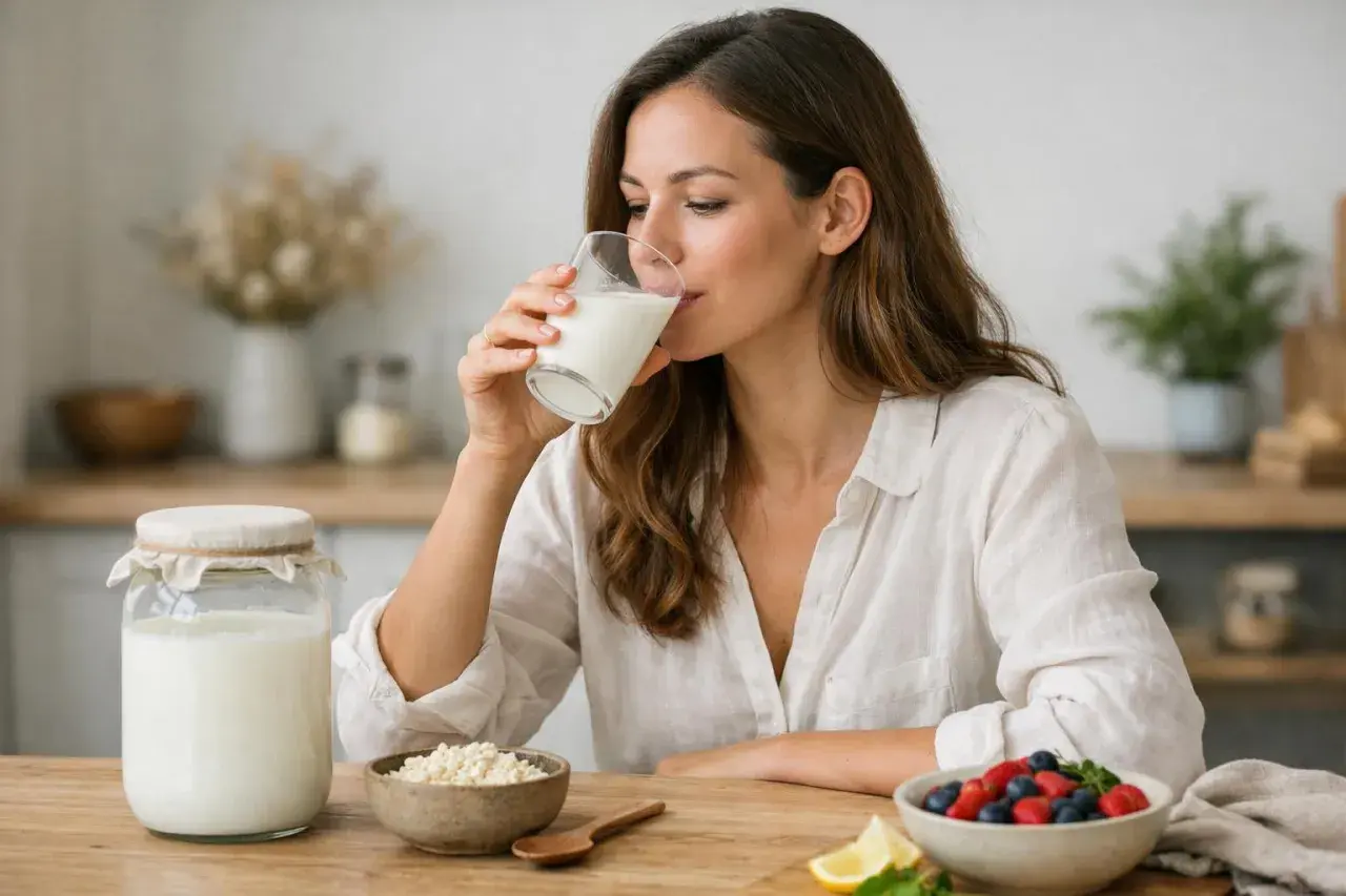 Mujer bebe kéfir, un probiótico saludable. En la mesa, un frasco de kéfir, granos y un tazón de bayas.