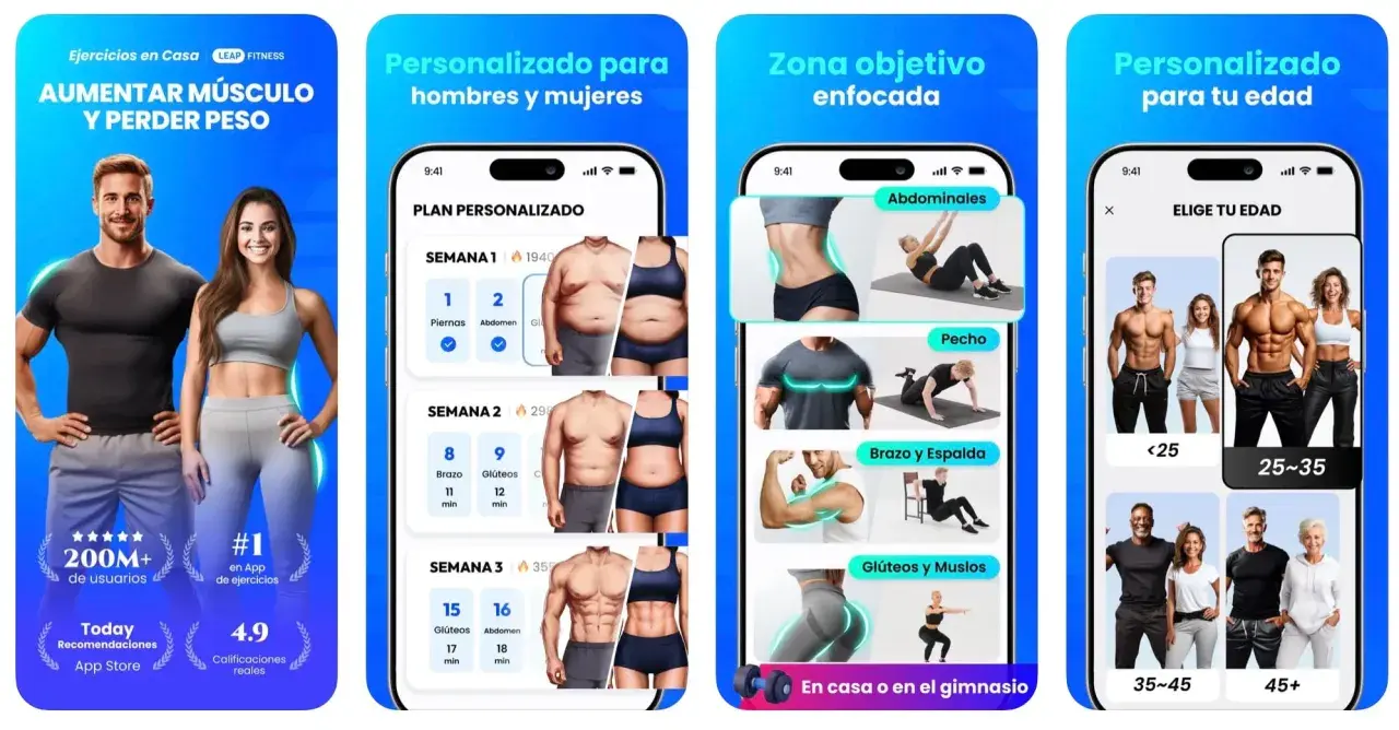 Las mejores app ejercicio en casa gratis: plan personalizado para aumentar músculo y perder peso, enfocado en zonas y edad.