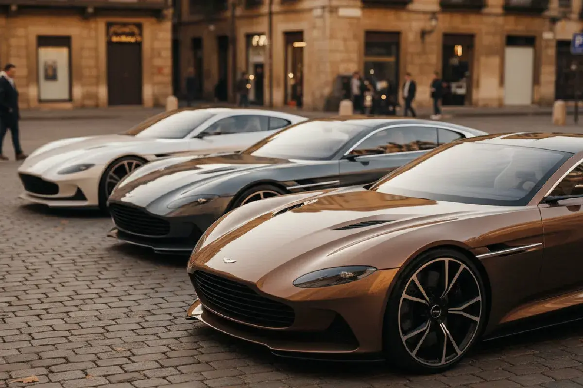 Tres Aston Martin modelos, uno marrón, uno gris y uno blanco, alineados en una calle adoquinada.