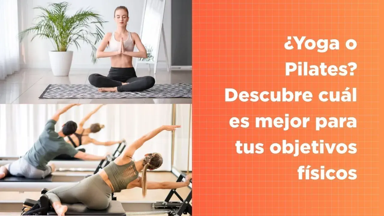 Mujer meditando en postura de loto y personas haciendo Pilates en máquinas. Descubre la diferencia entre yoga y Pilates para tus objetivos.