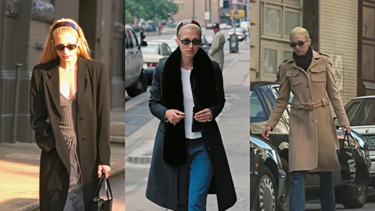 Tres looks urbanos con abrigos largos y gafas de sol, capturando el estilo Carolyn Bessette.