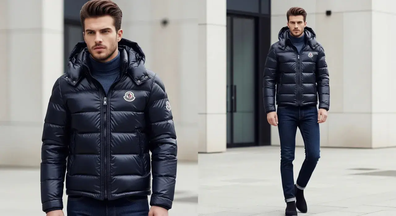 Hombre con chaqueta Moncler, marca de origen francés, con su logo distintivo.