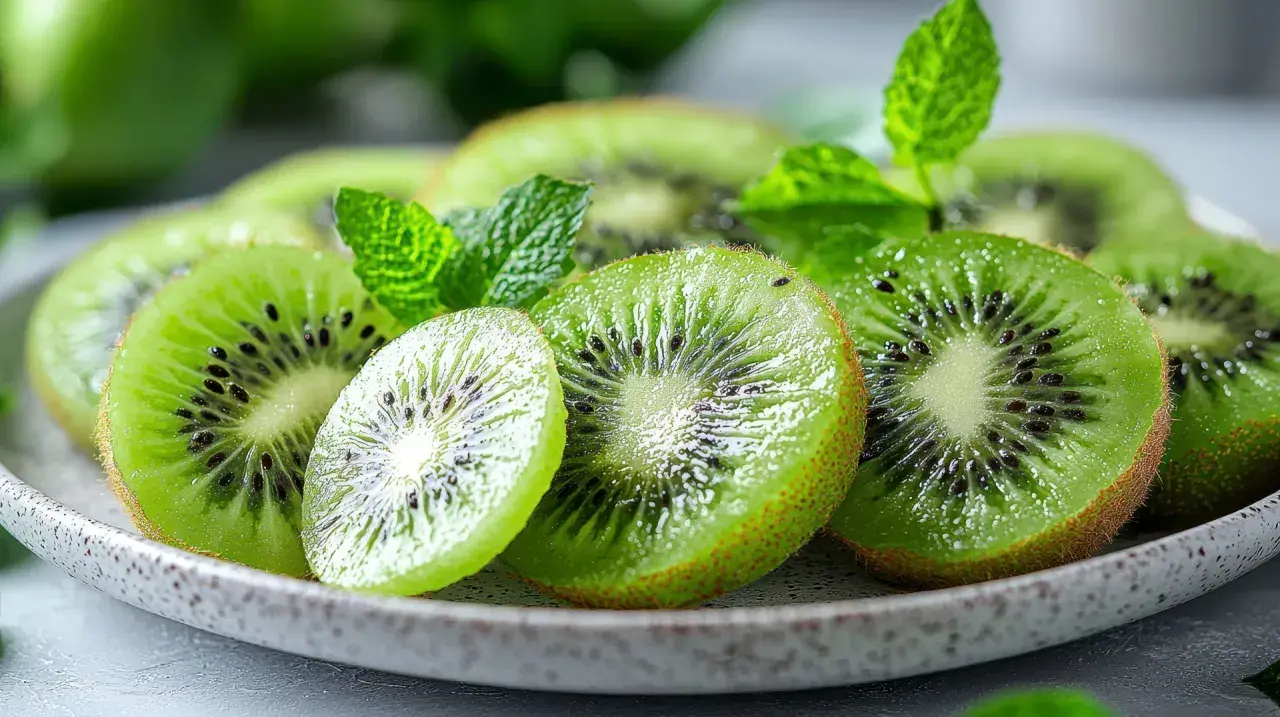 Rodajas de kiwi fresco y menta en un plato, como un postre perfecto para el kiwi por la noche.