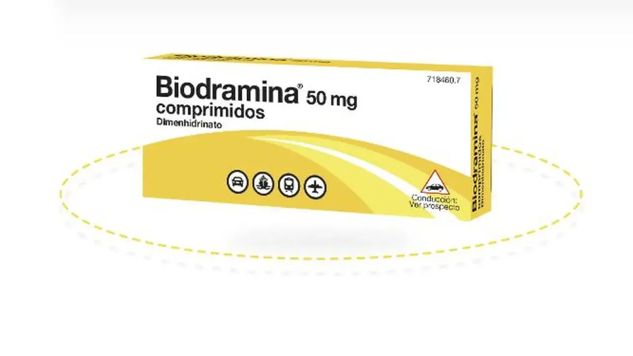 Caja de Biodramina 50 mg comprimidos. Averigua cuanto dura el efecto de la biodramina para tus viajes.