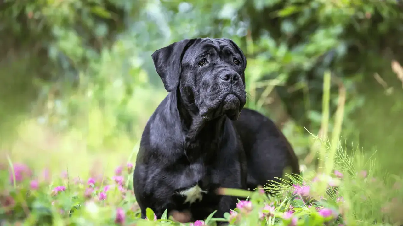 Majestuoso cane corso negro descansa entre flores silvestres y vegetación verde, con una mirada serena y atenta.