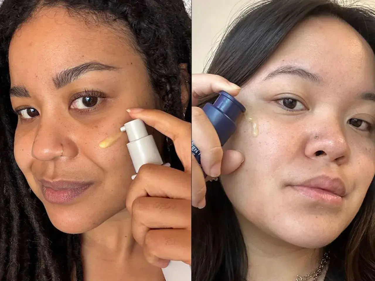 Dos mujeres aplican suero en el rostro. Una usa un envase blanco, la otra uno azul. ¿Cuál tendrá el mejor retinol cerave porcentaje?