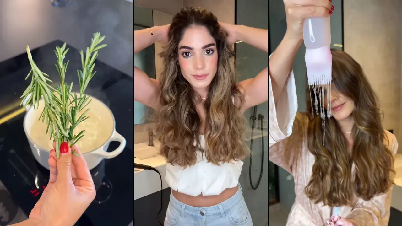 Preparación de agua de romero para el pelo: infusionando ramitas en agua hirviendo, una mujer muestra su cabello y aplica el líquido con un aplicador.
