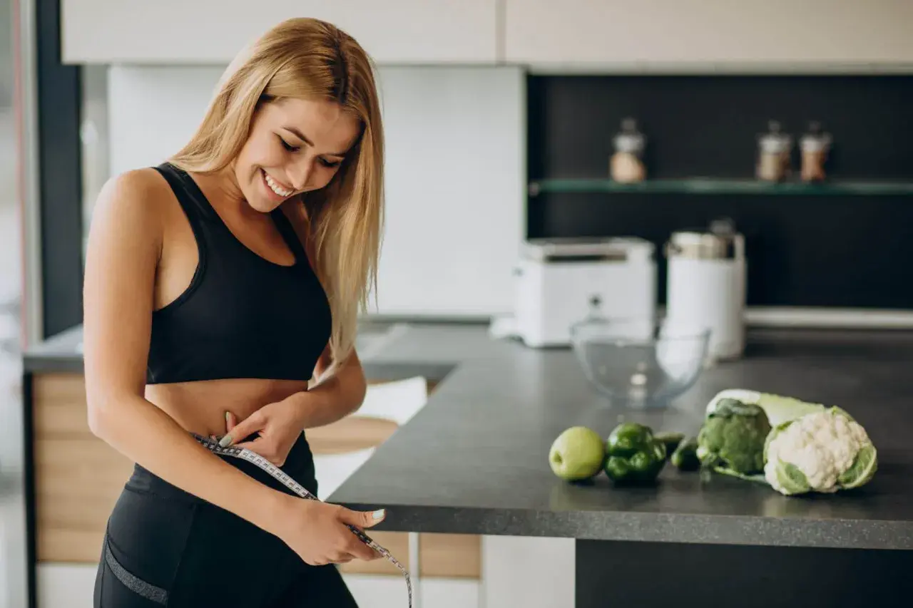 Mujer sonriente se mide la cintura en la cocina, rodeada de alimentos quema grasa por la noche como brócoli y coliflor.