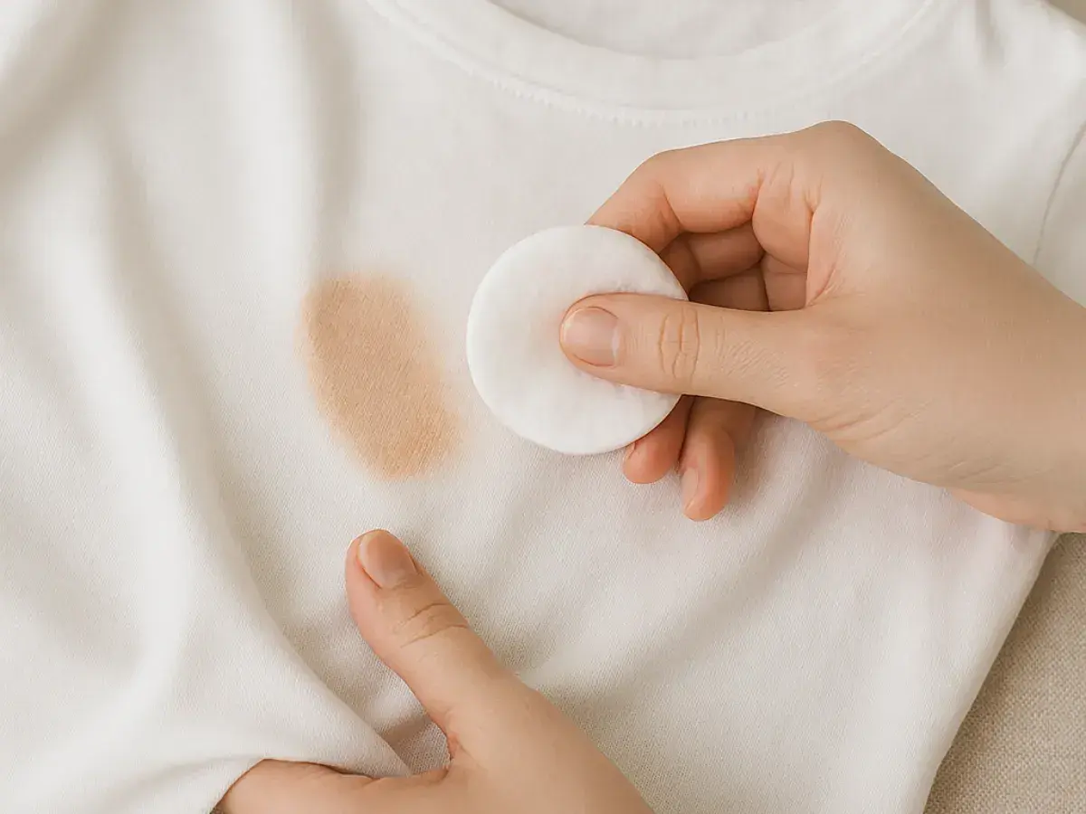 Mano quitando una mancha de maquillaje de una camiseta blanca con un disco de algodón.