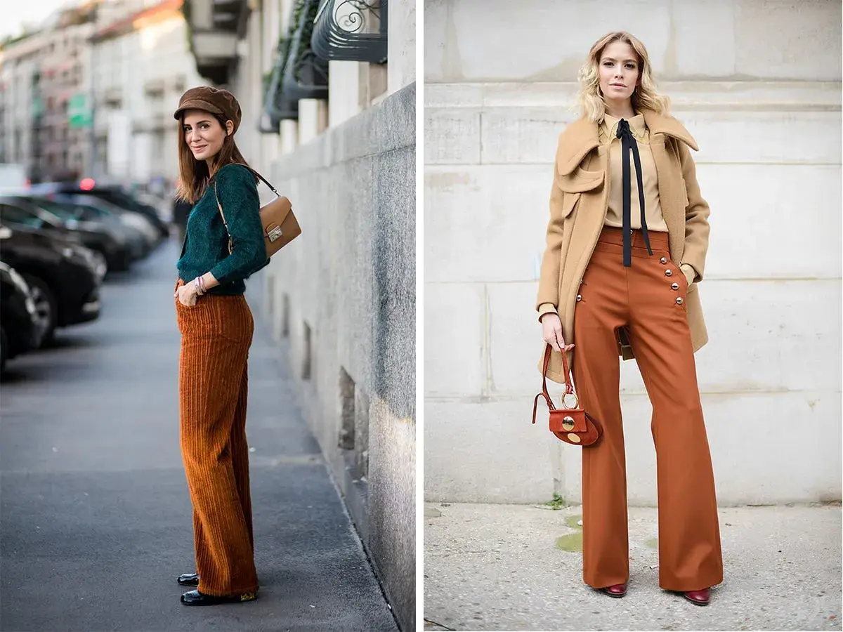 Dos mujeres lucen pantalones acampanados color terracota, un estilo clave de moda primavera verano.