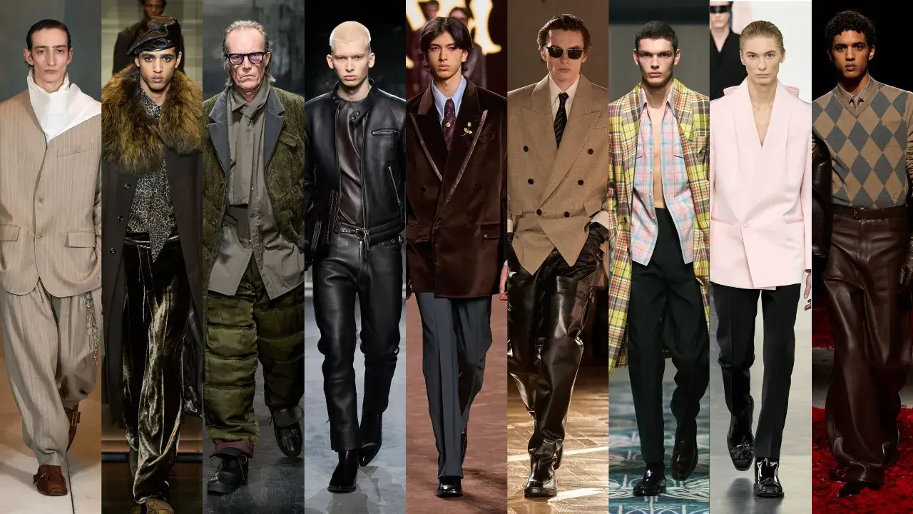 Desfiles de moda otoño invierno 2025: trajes de lino, cuero, terciopelo y estampados audaces.