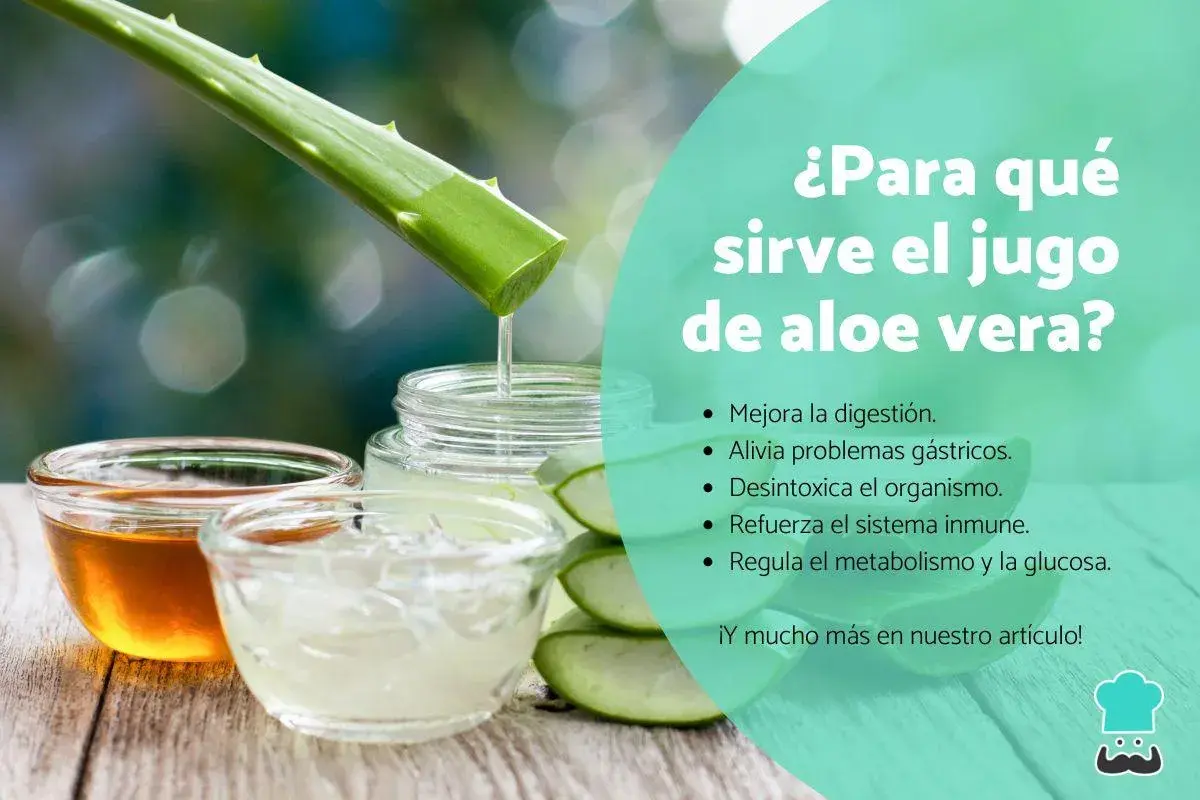 Jugo de aloe vera goteando en un frasco, junto a miel y rodajas de aloe. El texto pregunta "¿Para qué sirve el jugo de aloe vera?".